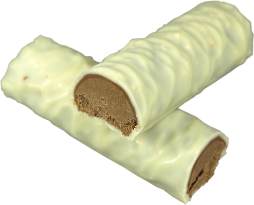 two chocolate - dipped pastry sticks topped with peanut er