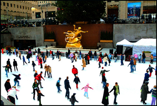 an ice rink with people skating on it