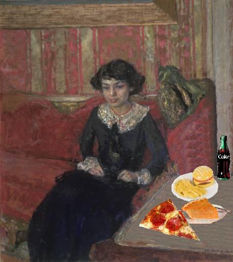 a painting that shows a woman sitting in front of her pizza and a bottle
