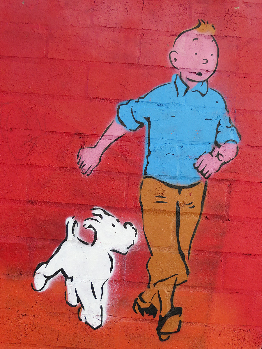a painting of a person walking with a dog next to him