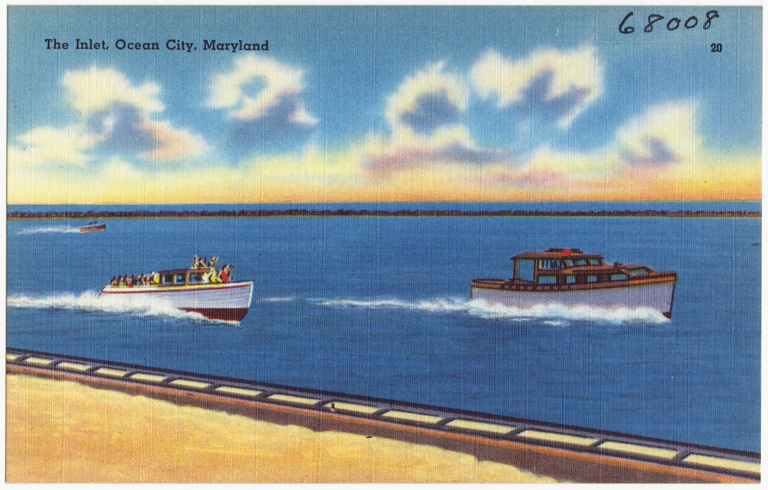 a postcard featuring a boat traveling along the coast, with a lighthouse in the background