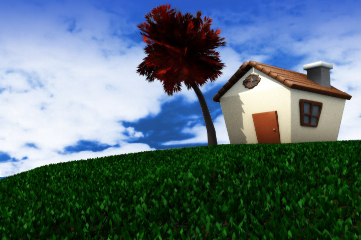 an animated image of a tree and house sitting on top of a hill