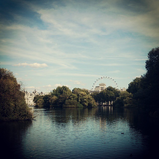 a lake with a ferris wheel in the background