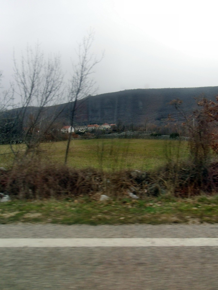 a picture of a countryside taken out of the window of a moving car