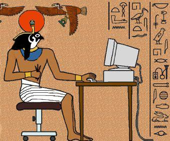 an egyptian character using a computer in his home