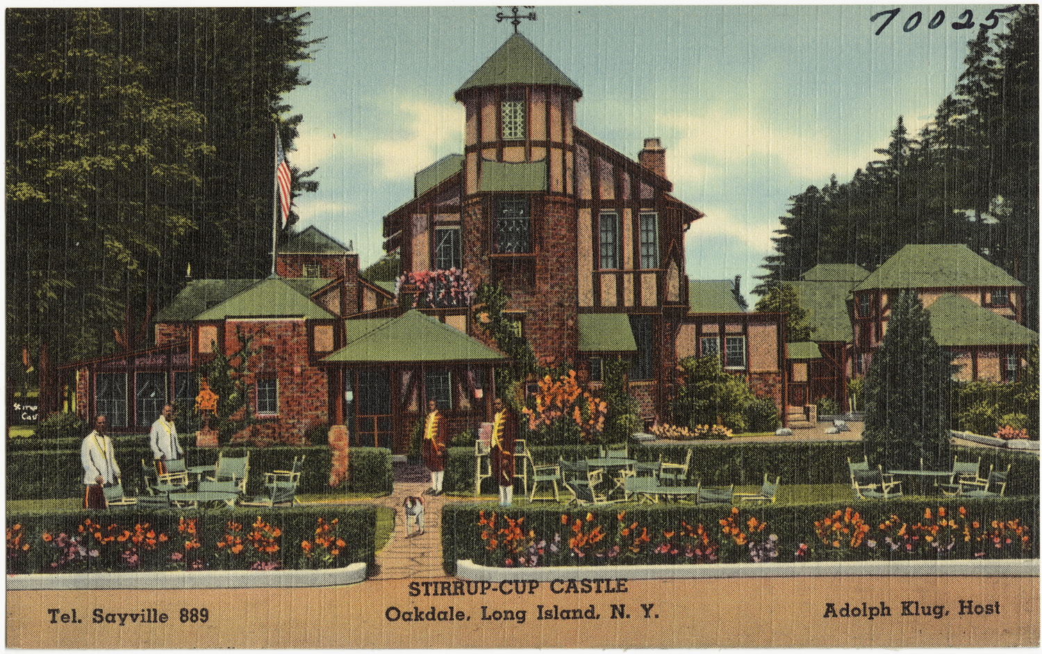 an old postcard features an ornate building surrounded by flowering gardens