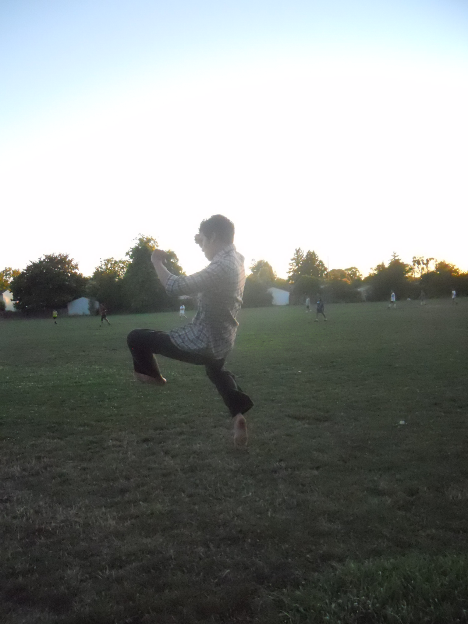 a person standing in a field near a frisbee