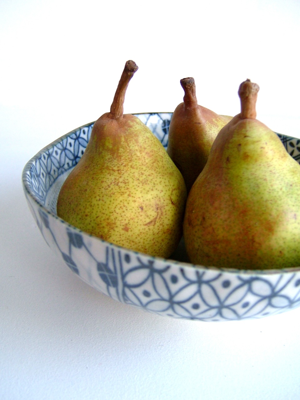 two pears in a bowl sitting on a table