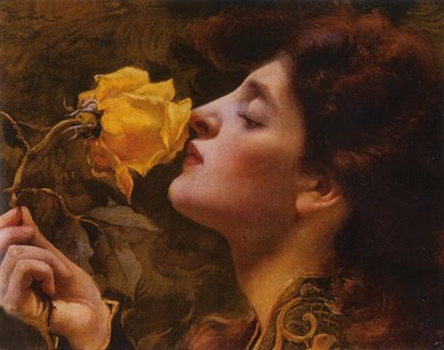a painting of a woman smelling a yellow rose