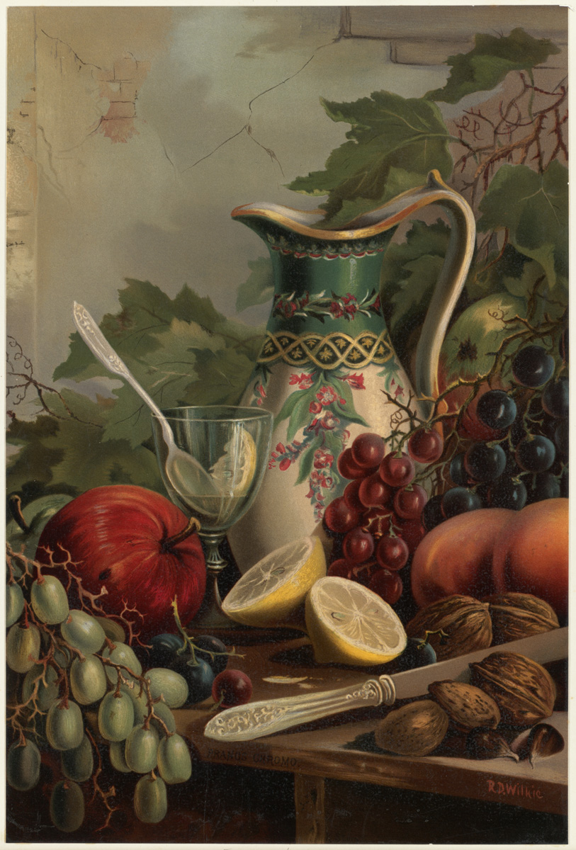 a painting with a vase, a glass of wine, apples and a lemon slice, gs and almonds