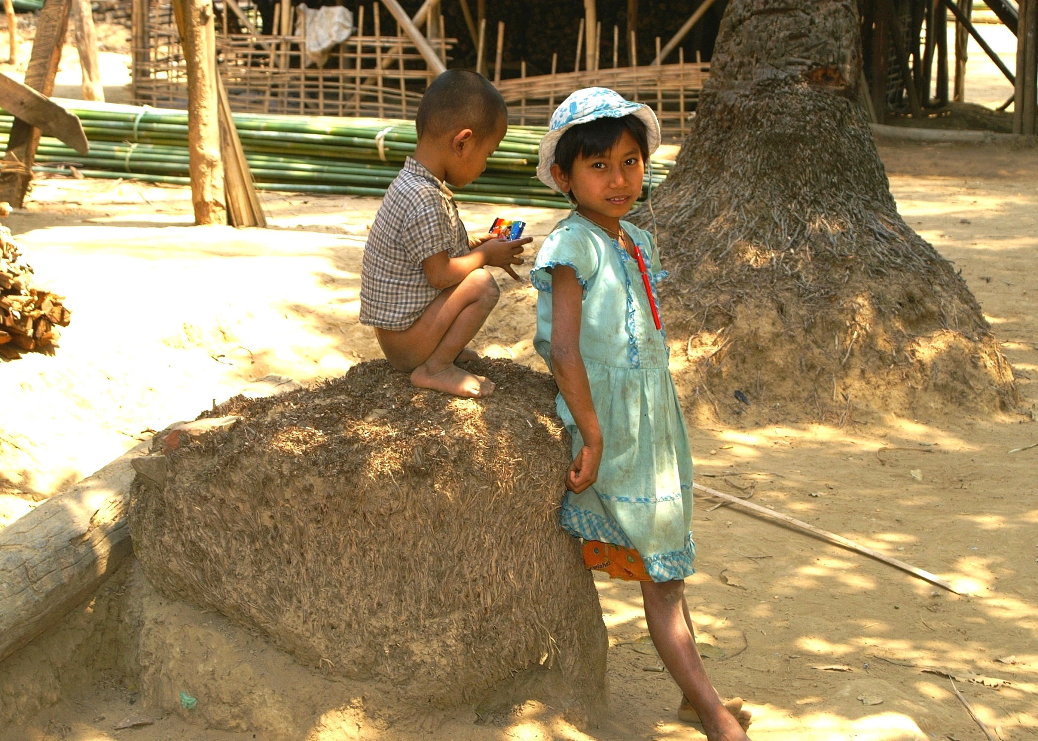 a little boy and a little girl standing near a tree