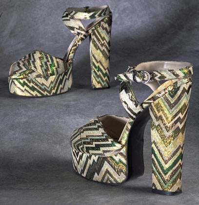 two pairs of wedges, one wearing shoes and one with heels, both of which are patterned