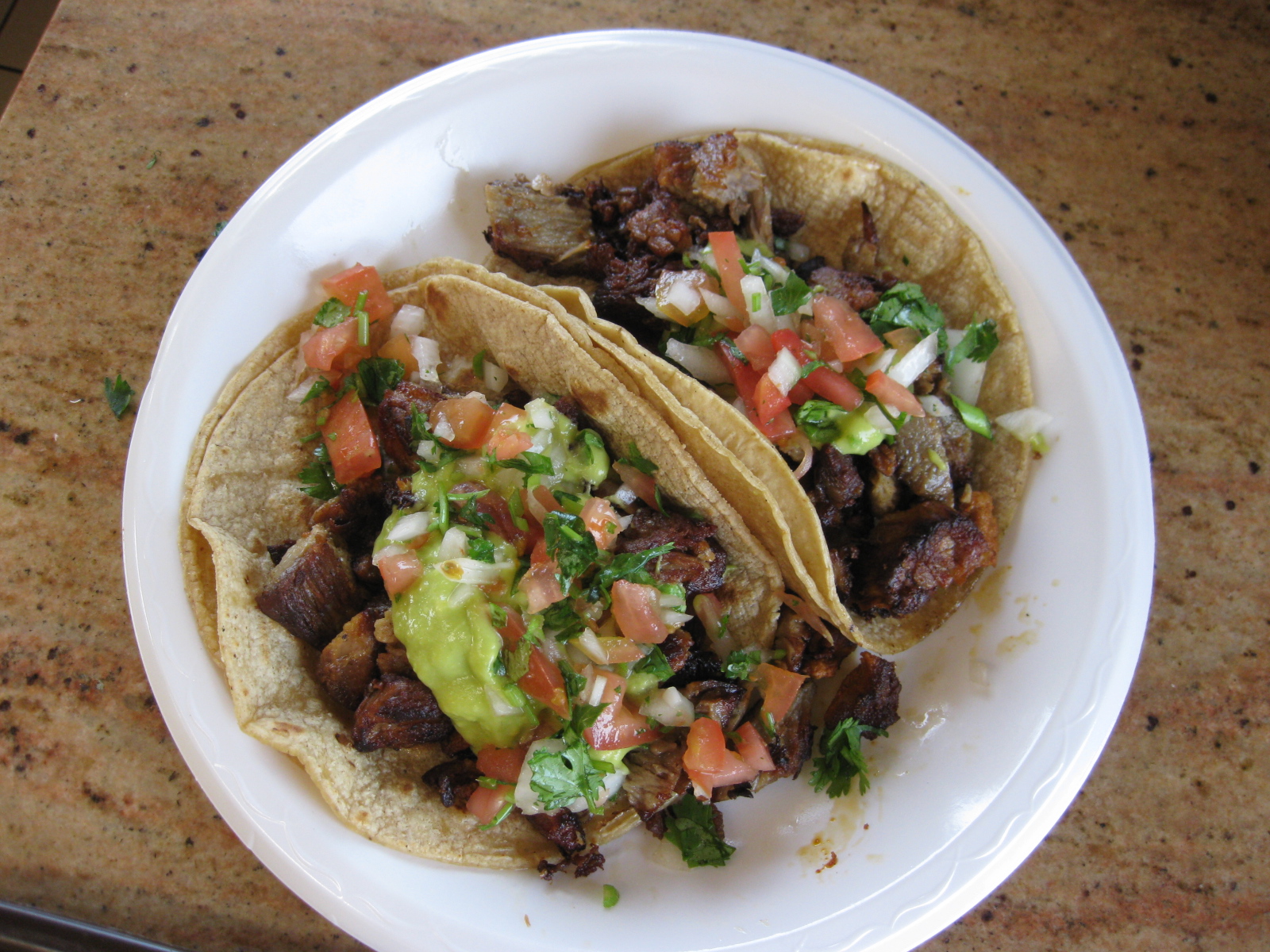 two tacos sit on a plate with salsa