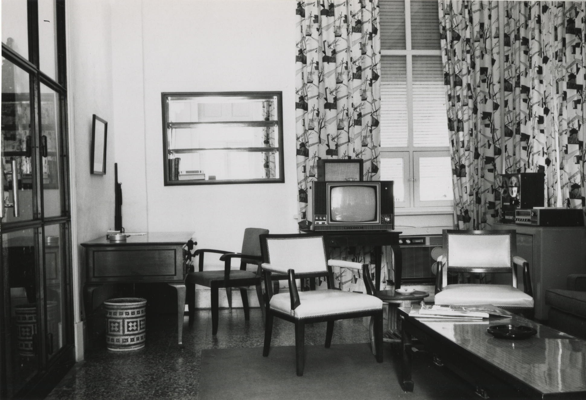 black and white pograph of vintage living room