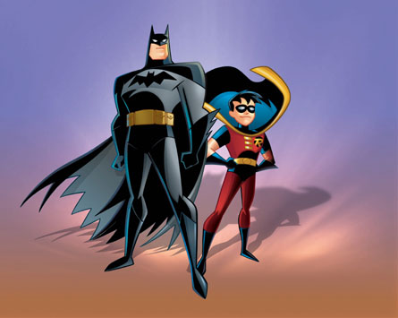 the animated hero bat and his mother, dressed in red