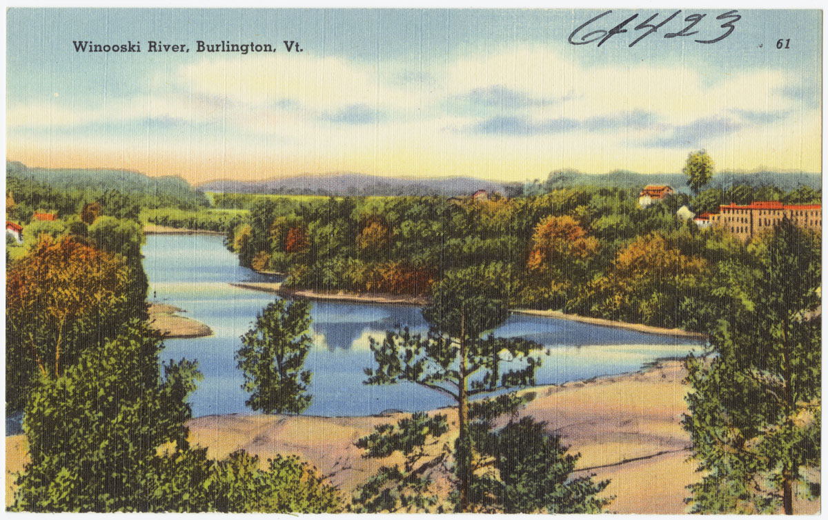 a card with the view of a river and houses