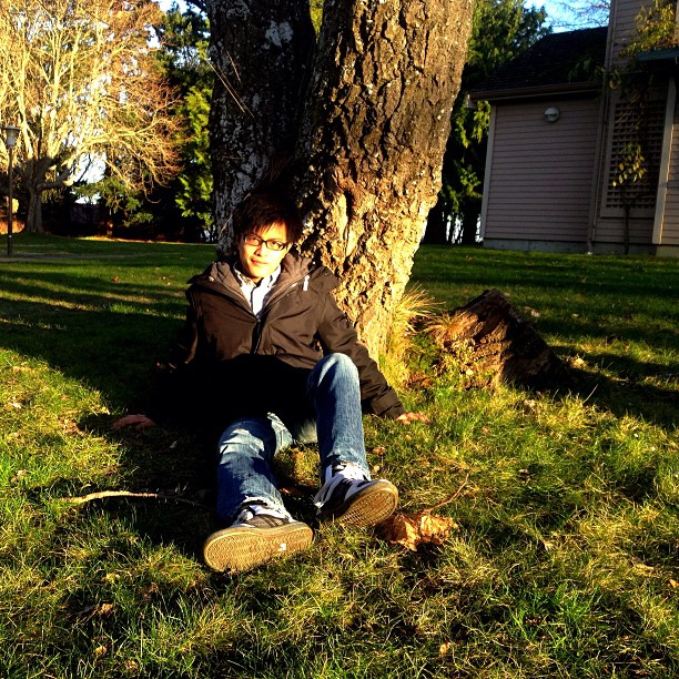 a young man sitting underneath a large tree