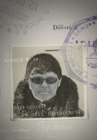 a stamp with a female wearing sunglasses and a black and white po