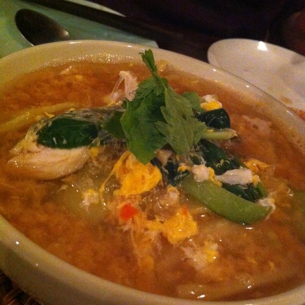 a close up view of a bowl of soup