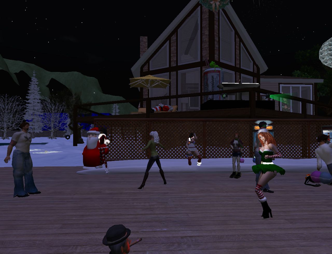 a screens shows several people dancing outside in the snow