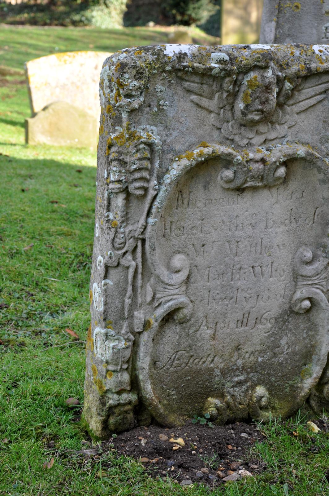 a large stone with carvings on it on the grass