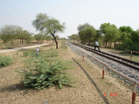 two men walking down tracks next to railroad tracks