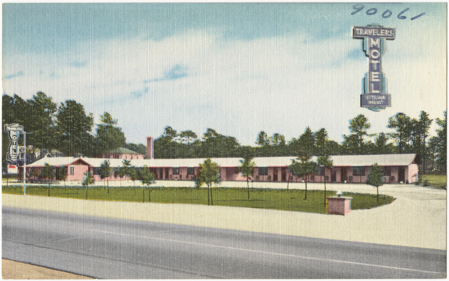 a colorful postcard of motels on the side of a street