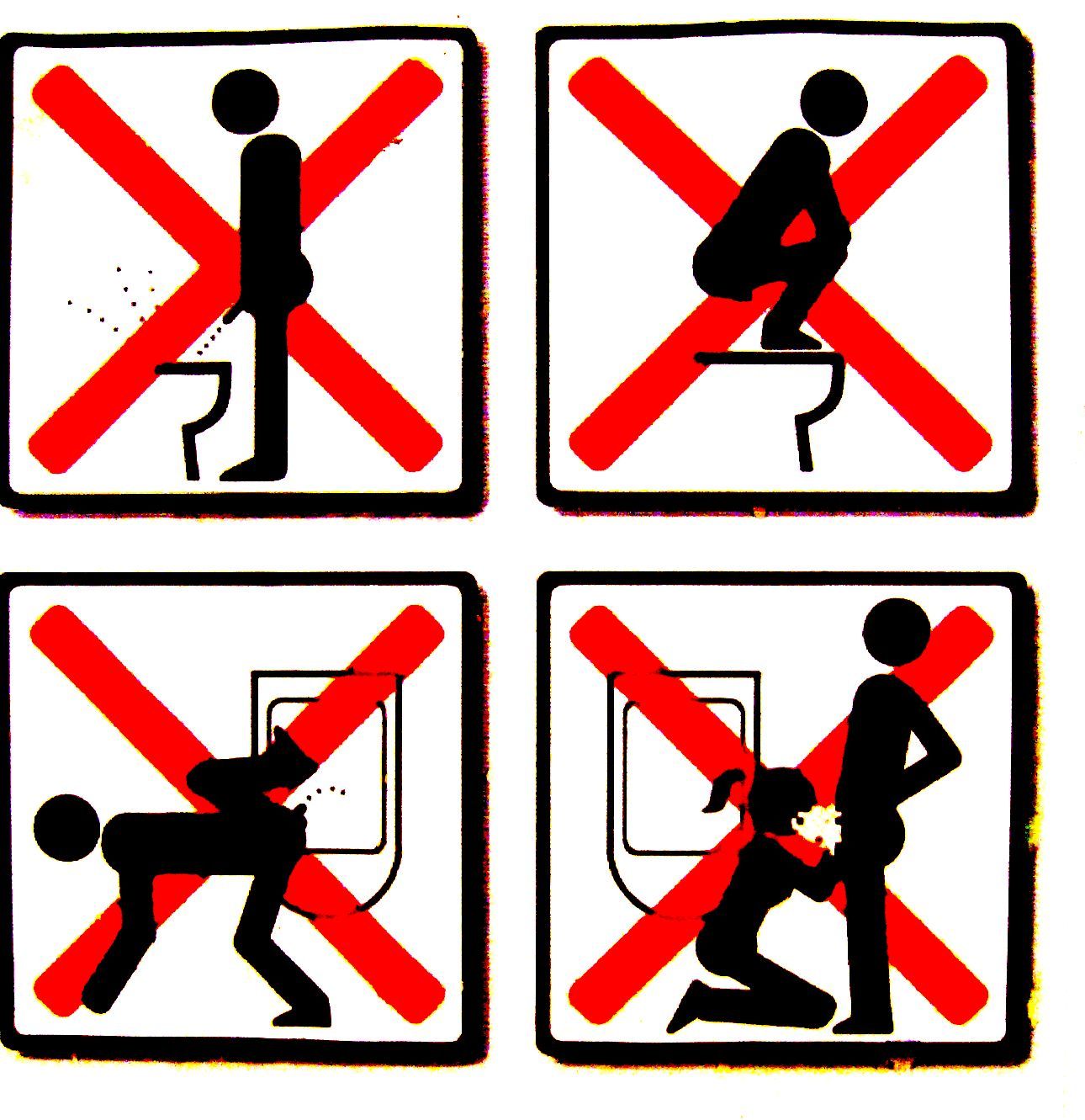 four warning signs depicting the steps to toilet and shower
