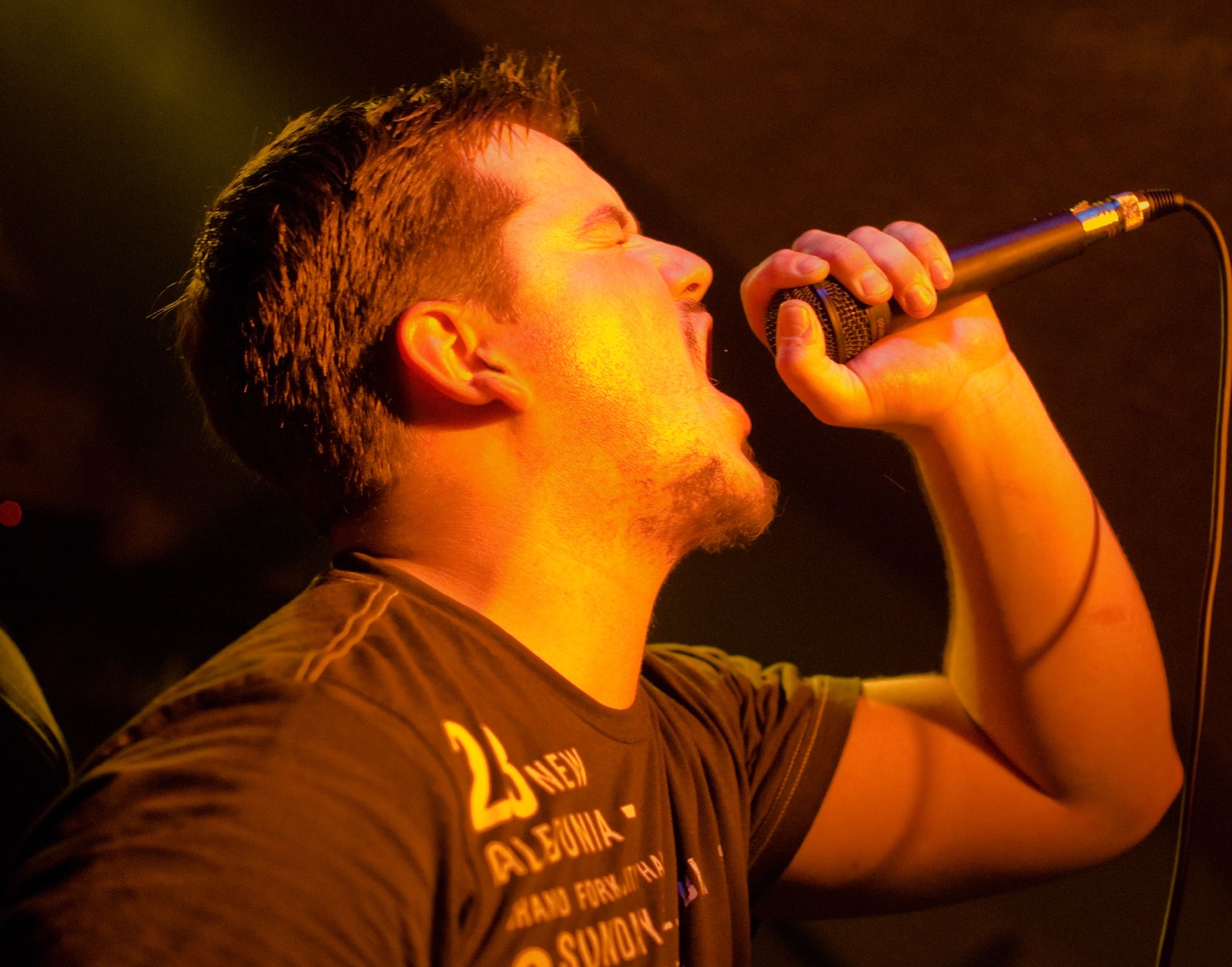 a man in a dark shirt singing into microphone