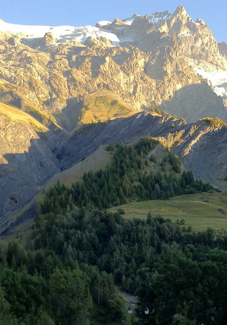 mountain range with green grass and lots of trees