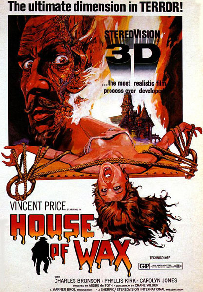 the poster for a house of wax showing two women and one man in red