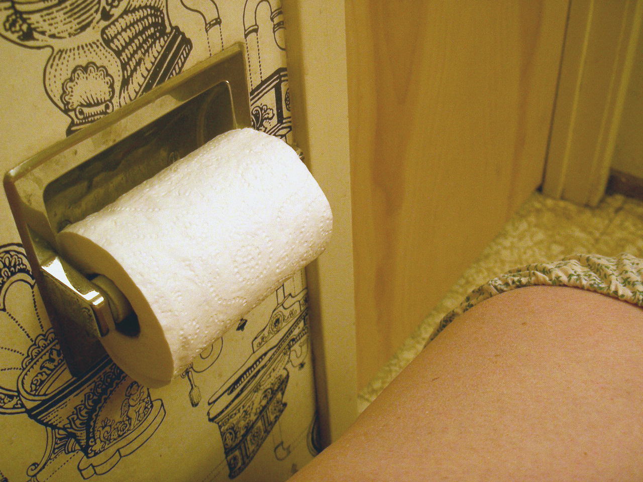 a person's legs, a toilet roll and a cabinet with a drawing on it