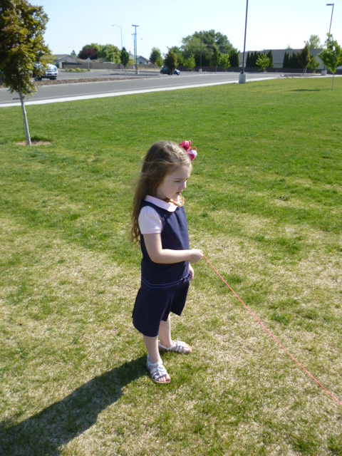 a  is playing with her kite on the grass