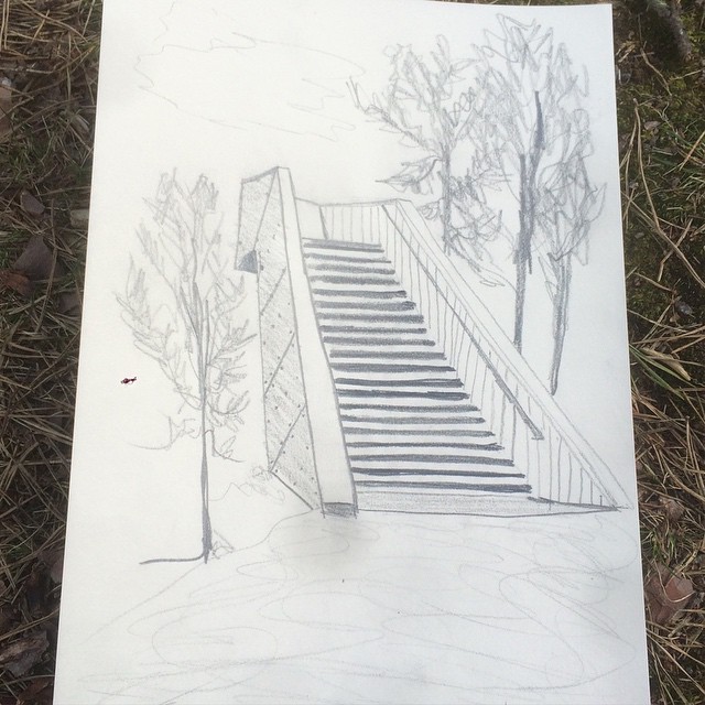 a drawing of steps and trees on paper