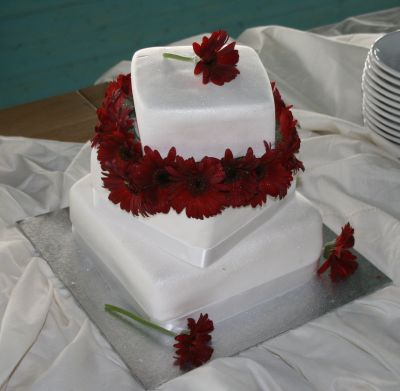 a two - tier white wedding cake topped with red flowers