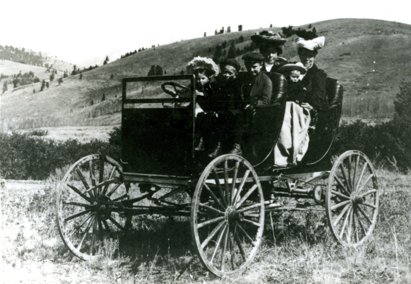 there are people riding in an old time buggy