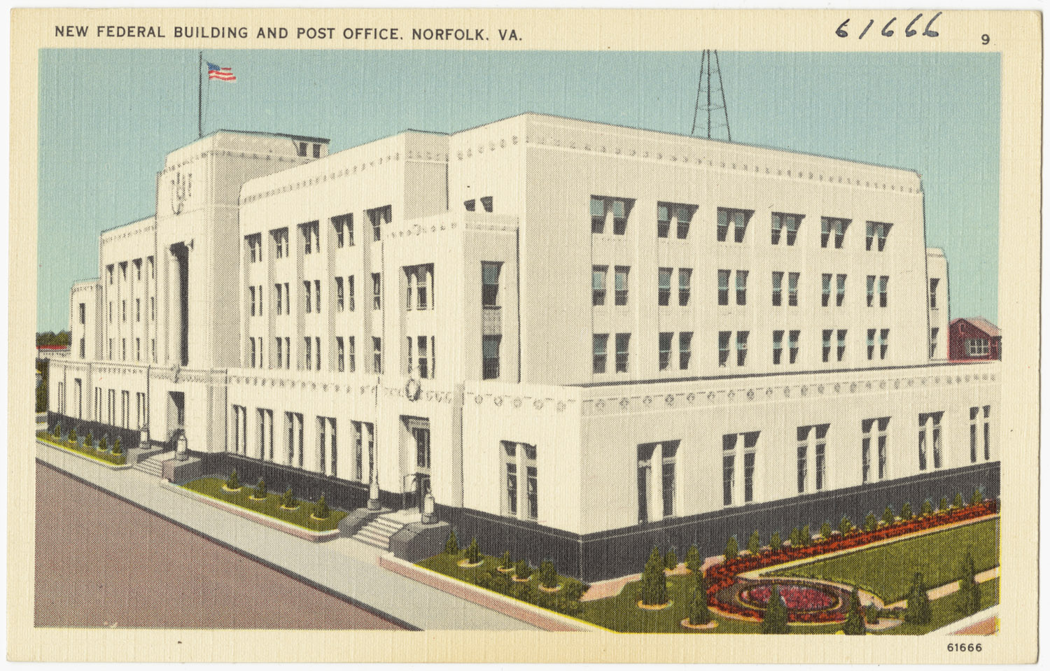 this postcard shows a large white building that has an american flag on the top