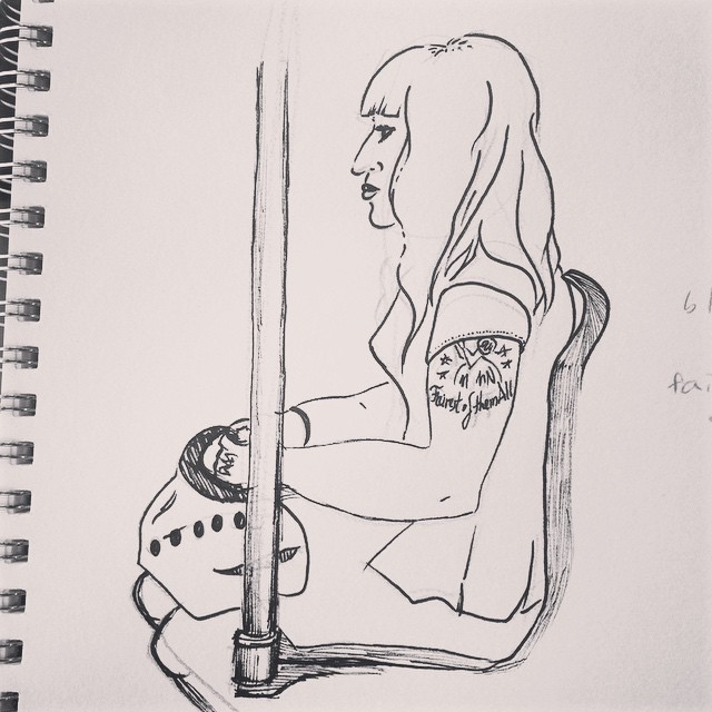 a sketch of a woman leaning on a pole