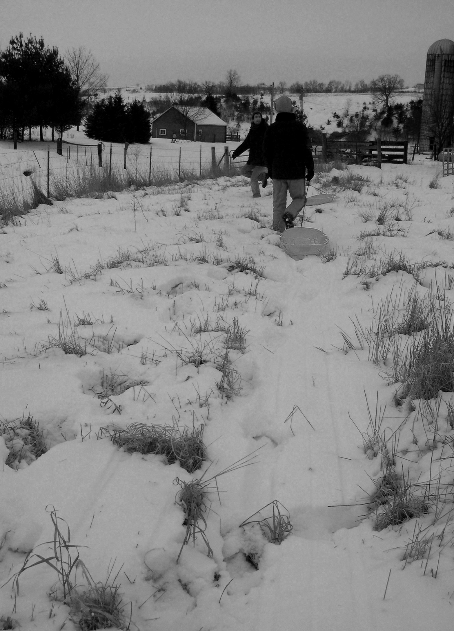 man walking in a field with snow and tall grass