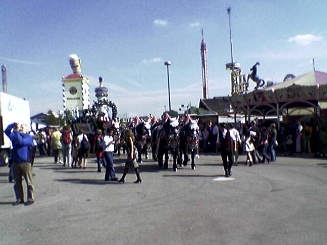a parade with a horse and people walking around