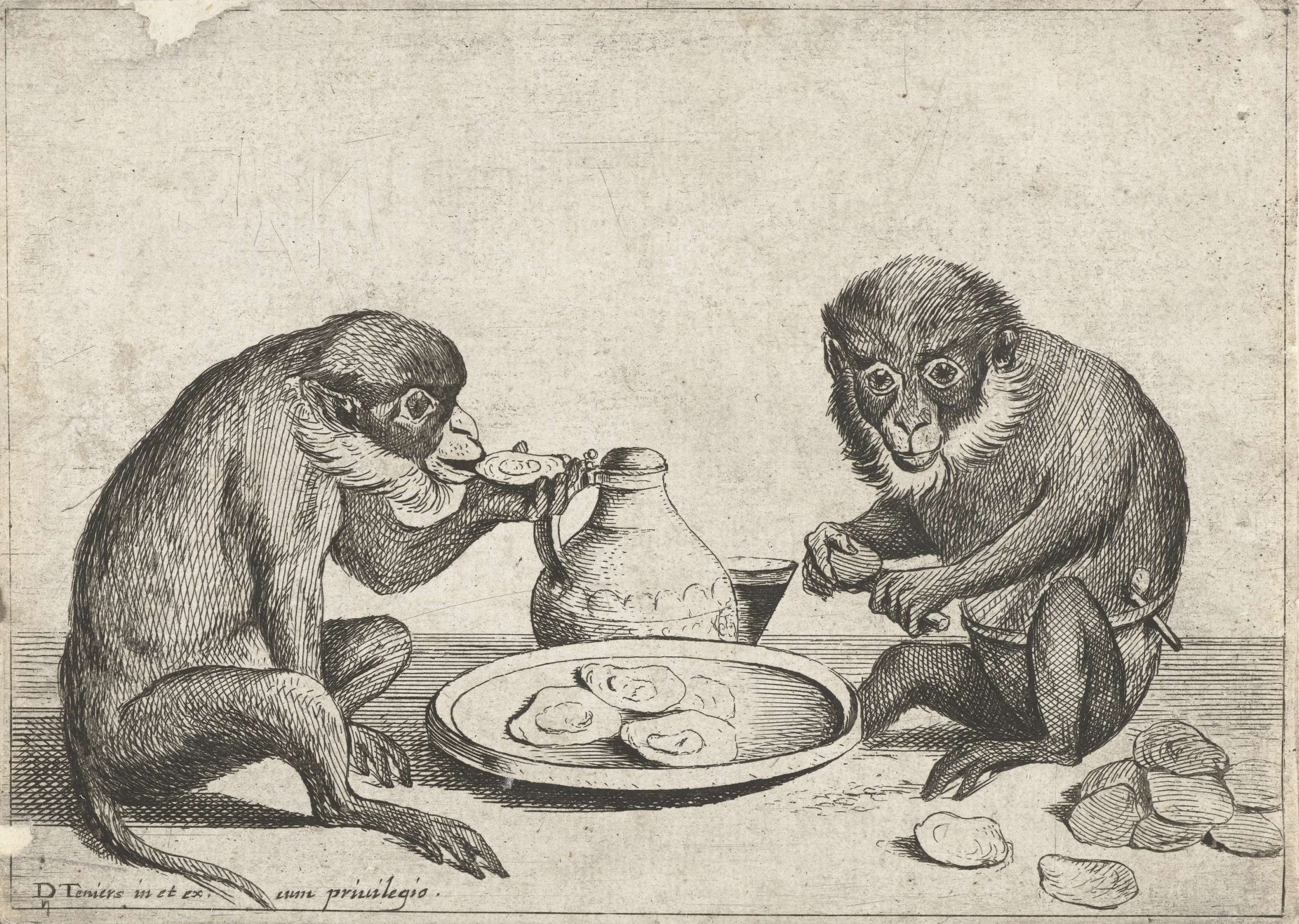 two monkeys are eating while another monkey drinks a bottle