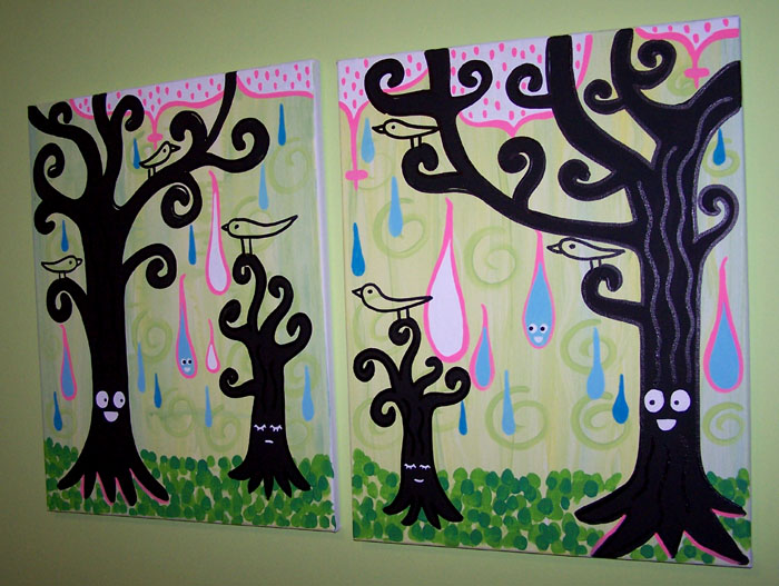 some paintings of trees with purple background