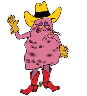 a pink character in a cowboy hat and glasses with yellow feathers