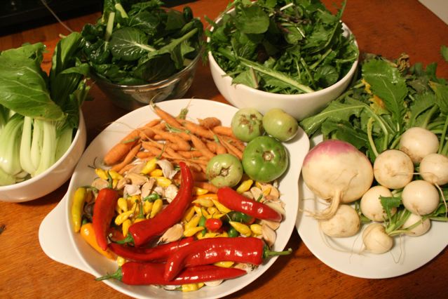 various vegetables are shown on plates in a kitchen