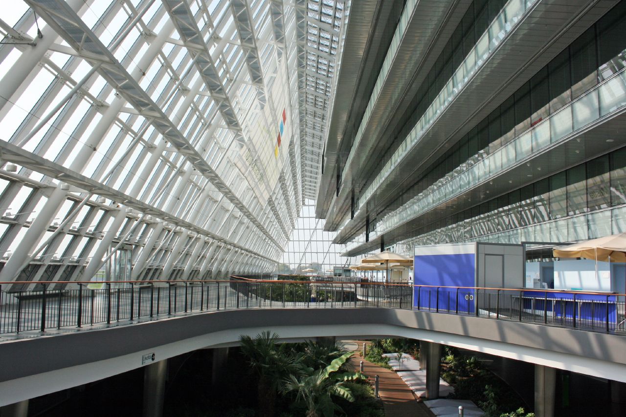 view down the middle section of a building with lots of windows