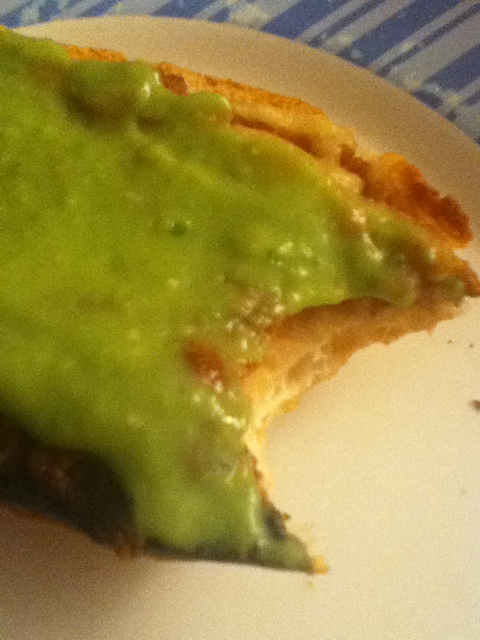 a piece of bread with avocado sauce on top