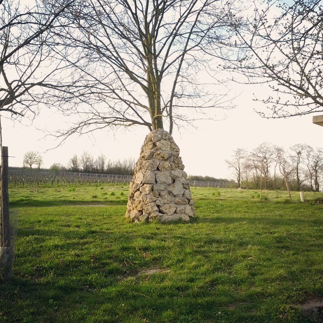 the small rock statue is next to a tree