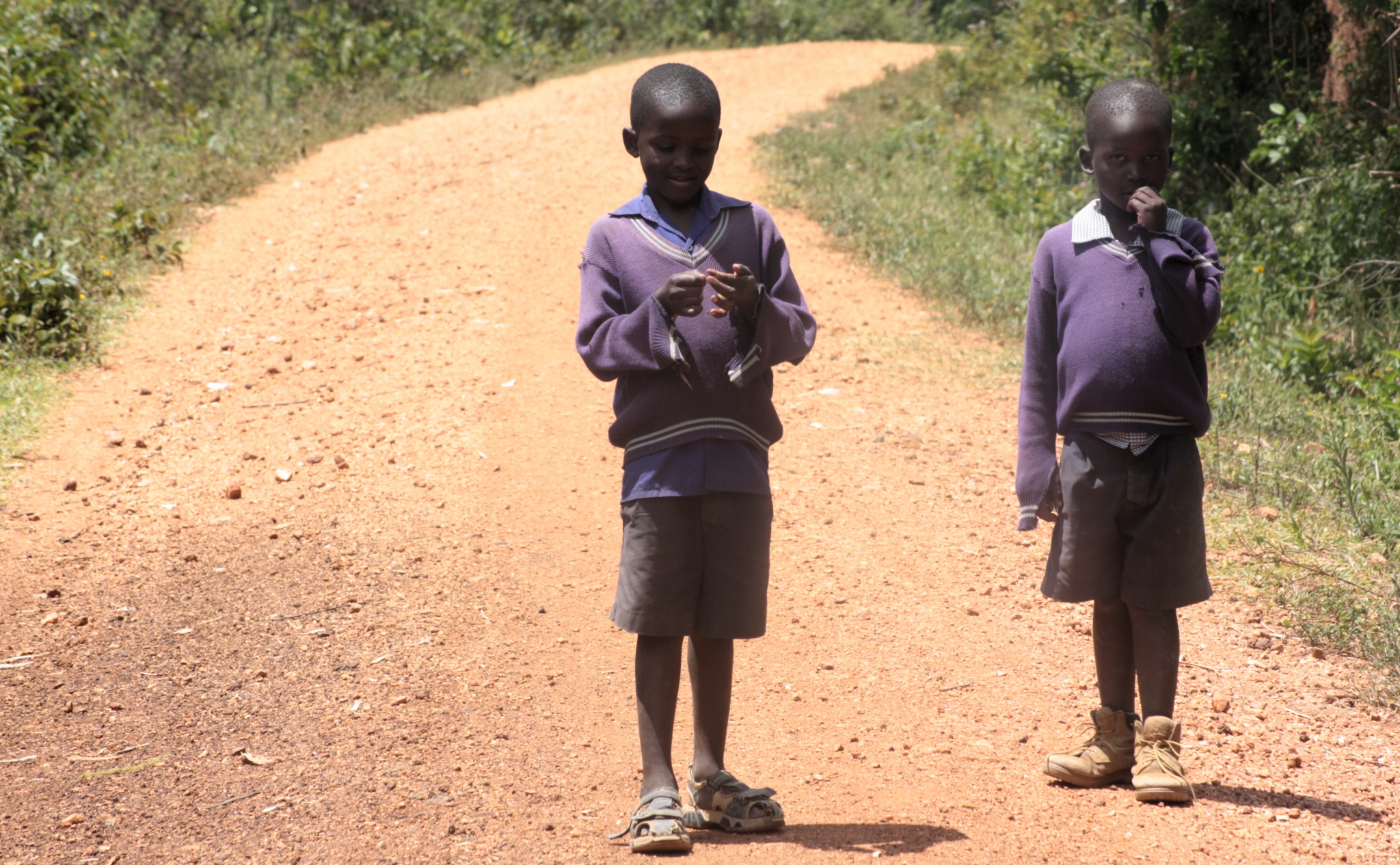 two s standing on a dirt road