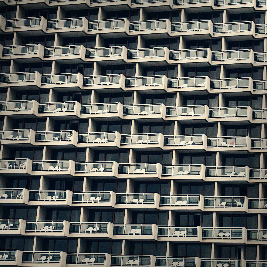 multiple balconies with balconies built into the sides of them