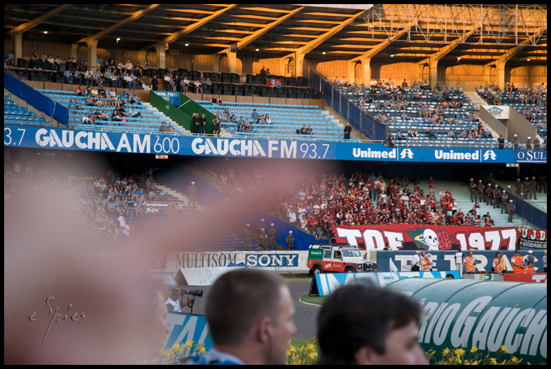 people are watching a soccer match from inside of the stadium